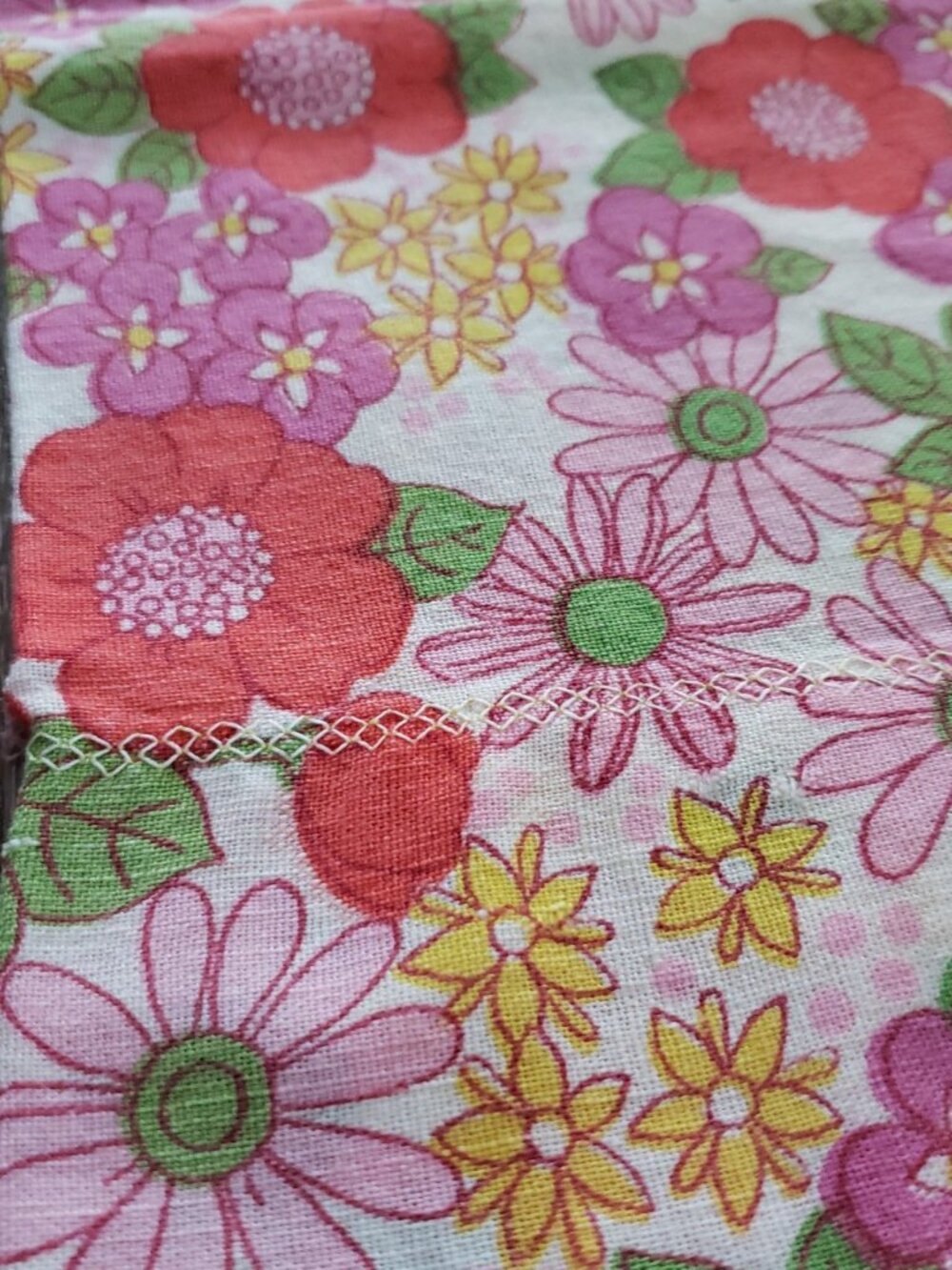 Vintage 70s Embroidered Floral Fabric Pillowcase textile material for crafts